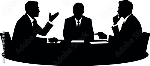 Silhouette of three businessmen in a meeting around a table