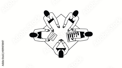 Flat vector illustration of four diverse executives in a meeting around a table with documents and laptops discussing business strategy in a modern office setting