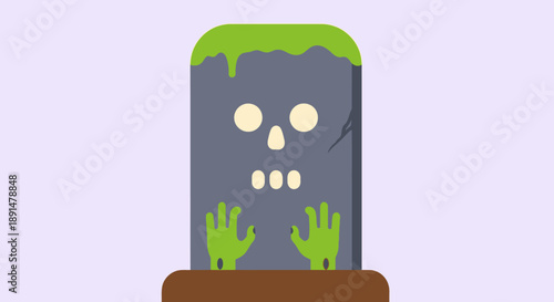 A cartoon tombstone with a skull and green slime on a simple background.