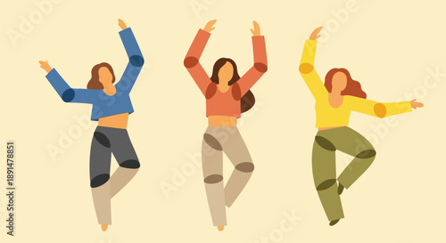 Three women dancing together in colorful outfits and joyful poses.