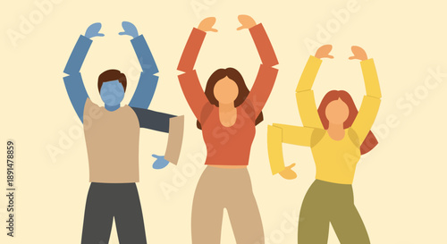 Three people celebrating together with arms raised in joy.