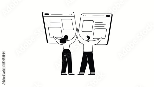 Two managers interacting with large web browser windows in a flat illustration style