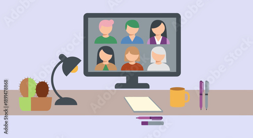 Computer monitor displaying video conference with diverse group of people on a desk.