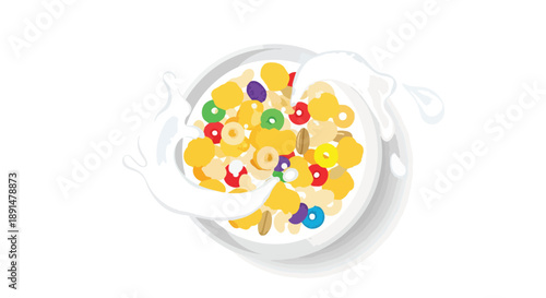 A vibrant bowl of breakfast cereal featuring colorful pieces and wholesome grains, immersed in a dynamic splash of fresh white milk for a delightful