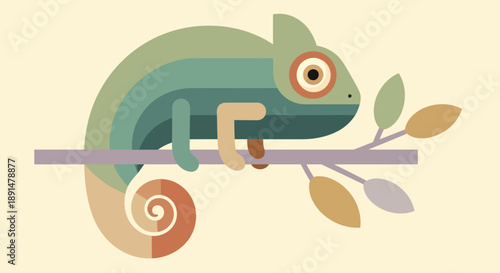Colorful cartoon chameleon perched on a branch with leaves.