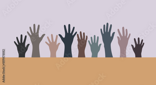 Diverse group of hands raised in unity and solidarity.