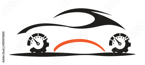 Stylized car illustration with speedometer gauges isolated on transparent background