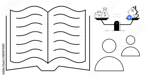 Knowledge concept. Knowledge by open book, weighing financial and health priorities, and engaging audiences. Knowledge is key in decision making processes. For education, finance, health, lifestyle