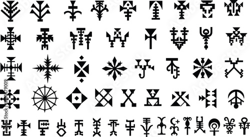 Collection of Abstract Geometric Symbol Vector Illustration Set, Ancient Ethnic Tribal Pattern and Occult Mystical Sign for Creative Graphic Design