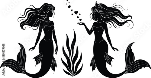 Collection of Beautiful Mermaid Silhouette Vector Illustration Set, Mythical Undersea Princess with Long Hair and Hearts for Fantasy Beach Design