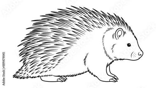 Hedgehog in profile: A detailed, monochrome illustration of a hedgehog, showcasing its iconic quill defense system and distinctive facial features.