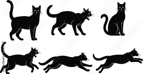 Collection of Black Cat Silhouette Vector Illustration Set, Domestic Feline Standing Running Jumping and Hissing for Halloween and Pet Design