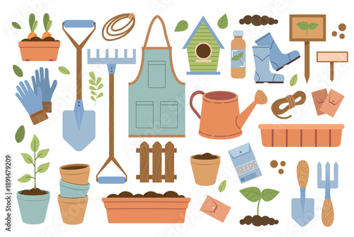 Collection of gardening tools and flowering plants. Summery set of flat-style illustrations. Tools for growing plants, cultivating the garden, and vegetable garden.