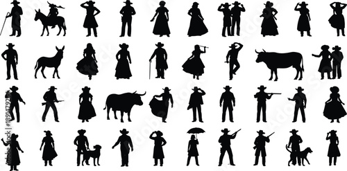 Collection of Western Cowboy and Historical Character Silhouette Vector Illustration Set with Farmers Ranchers Horses Cattle and Wild West Figures