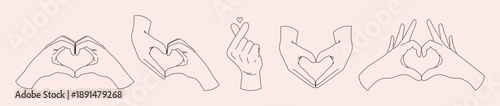 Set of hands making heart shape love gesture. Outline vector illustration