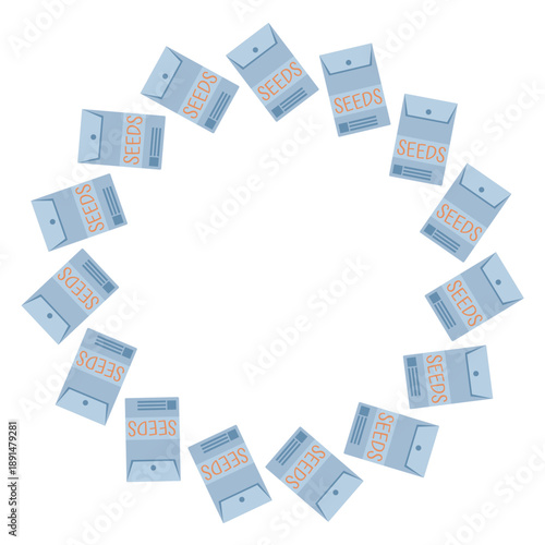Round frame with packaged seeds. Summer series of flat illustrations. Tools for growing plants, gardening, and vegetable gardening.
