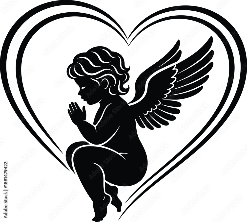 custom made wallpaper toronto digitalPraying Angel Silhouette Vector Illustration with Heart Frame, Heavenly Cherub Character for Religious Spiritual Love Peace and Valentines Day Design