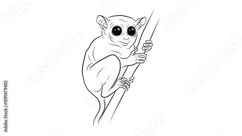 Tarsier on Branch Illustration: A captivating line drawing of a tarsier, the tiny primate, perched on a slender branch. Featuring the endearing large eyes and agile form. 