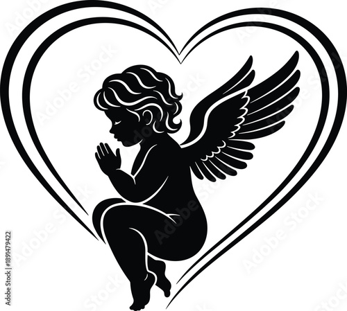 Wallpaper Mural Praying Angel Silhouette Vector Illustration with Heart Frame, Heavenly Cherub Character for Religious Spiritual Love Peace and Valentines Day Design Torontodigital.ca