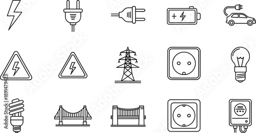 Outline electrical energy icons set featuring plugs batteries sockets power grid electric vehicle lighting and infrastructure symbols, for modern technology design use