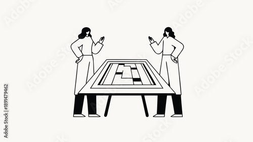 Two professionals standing and discussing a large tabletop maze strategy plan in a minimalist office setting