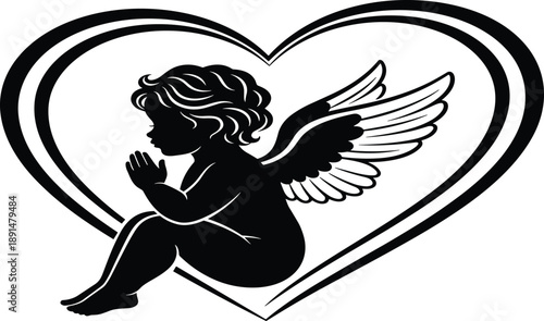 Fotografie Romantic Cupid Angel Silhouette Vector Illustration, Cherub Inside Heart Shape,