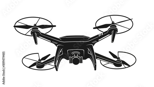 Monochrome illustration of a modern drone with camera for aerial photography.