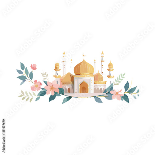 Vector illustration of a mosque building architecture icon set featuring the dome of the holy mosque as a religious landmark symbol against a city sky silhouette