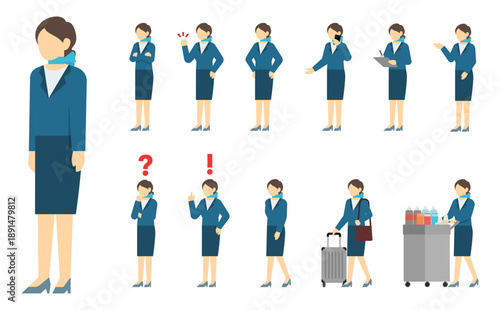 フラットイラスト：キャビンアテンダントセット