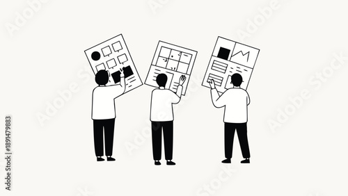 Three business executives collaborating with large charts and graphs in a modern office setting with a neutral background