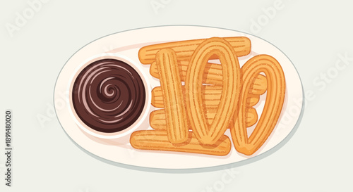 Delicious Churros with Chocolate Dip on a White Plate.