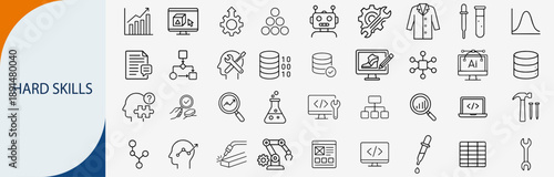 Hard skills and technical expertise icons set, thin line professional competence vocational training and industry knowledge vector illustration