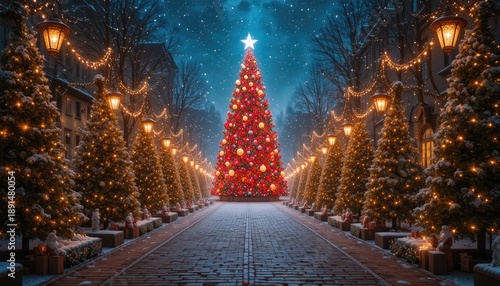 Wallpaper Mural Snowy street lined with decorated Christmas trees and glowing lanterns Torontodigital.ca