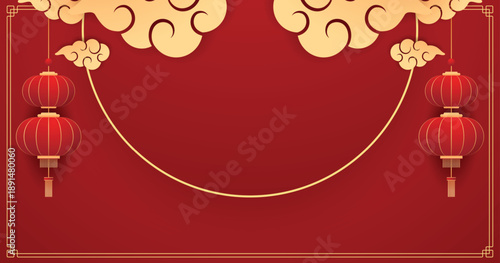Happy Chinese new year 2026. Chinese new year banner for show product. Greeting card. China frame with lantern on red background.
