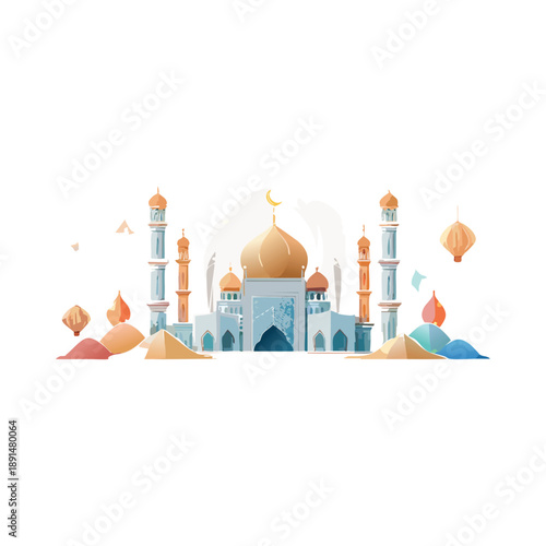 Vector illustration of the Taj Mahal and landmark mosque architecture featuring traditional domes and minarets against a blue sky representing the cultural travel heritage of India and Asia