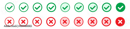 Green tick and red cross checkmarks in circle flat icons. Right or wrong icons. Yes or no symbol, approved or rejected icon for user interface.