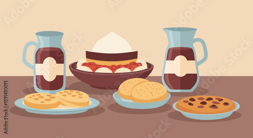 Delicious Dessert Still Life Cakes Cookies and Refreshing Drinks.