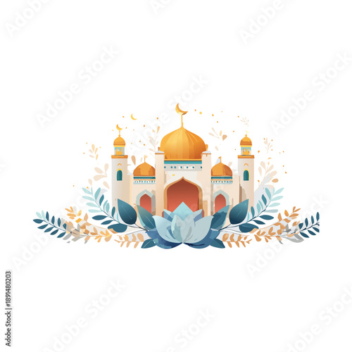 Vector illustration of a golden dome mosque and orthodox cathedral architecture featuring a cross and cupola against a moscow sky near the kremlin and historic rostov city monastery landmark