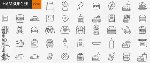 Hamburger and fast food icons set, thin line cheeseburger takeout meal and junk food restaurant vector illustration