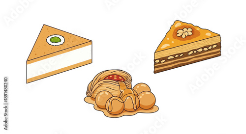 Delicious Middle Eastern Desserts Baklava and Triangle Pastries Illustration.