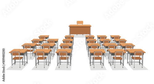 Perspective view of a school classroom with wooden desks and chairs organized for a focused learning experience.