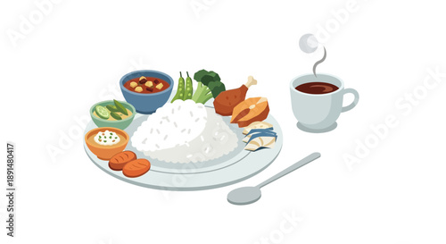 Delicious Thai Meal with Rice Chicken and Vegetables.