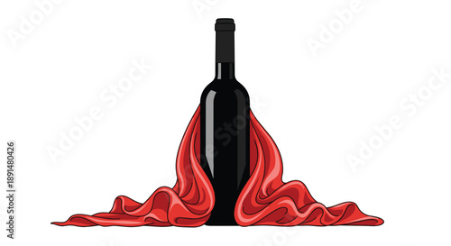 Elegant Black Wine Bottle Wrapped in Luxurious Red Silk Fabric over White Background. Commercially Focused Design.