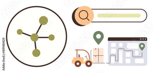 Logistics, supply chain, inventory control, warehouse management, delivery tracking, transportation. Network nodes, search bar forklift location pins warehouse map. Logistics and supply chain