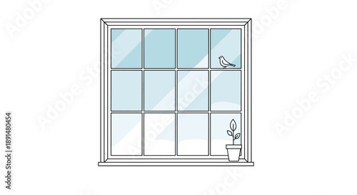 Minimalist Window Line Art with a Small Bird and Potted Plant on the Ledge. Bright and Airy Morning Sunlight.