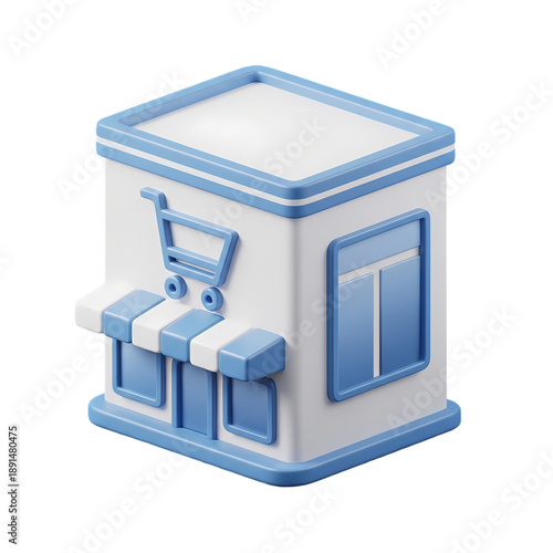 3D rendering of a modern, white and blue, cube-shaped storefront with a shopping cart icon and awning on transparent background