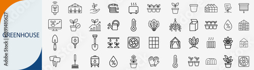 Greenhouse and smart farming icons set, thin line organic gardening plant cultivation and agriculture vector illustration