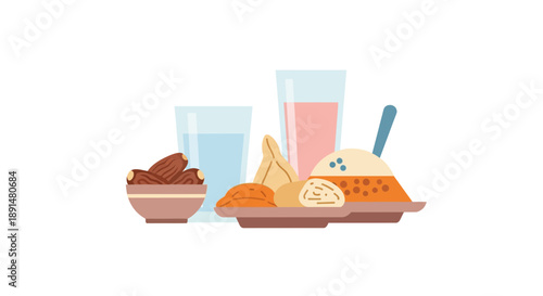 Festive Indian Meal with Dates Samosas and Drinks Illustration.