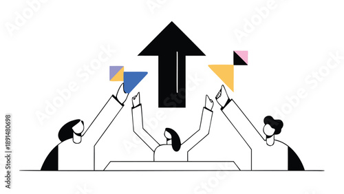 Team collaboration and unity with upward arrow flat illustration of four people raising colorful flags in sync