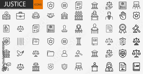 Justice and law icons set, thin line legal system courthouse and professional advocate vector illustration